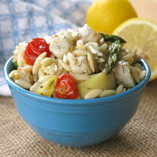 Orzo Salad with Asparagus, Artichoke Hearts and Feta